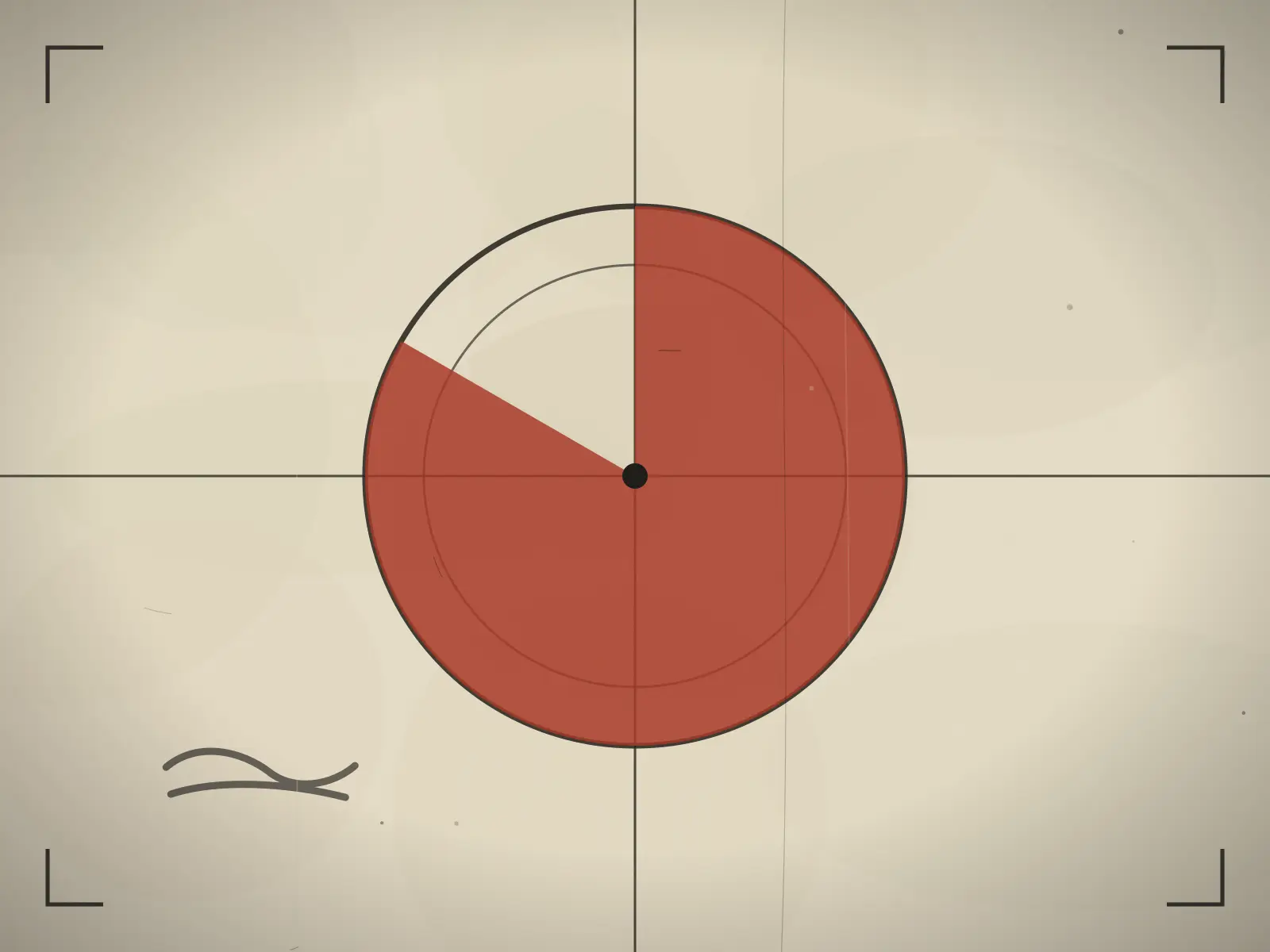 Academy film leader on bone-coloured stock: a red countdown sweep filling most of a circle, with crosshairs, corner registration marks and a grease-pencil scribble.